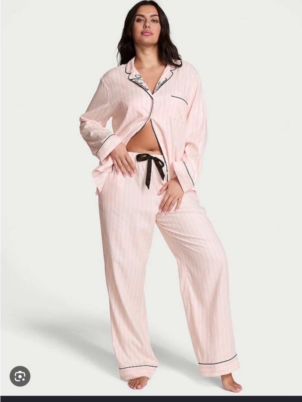 Women's Pink Stripe Pajama Set with Black Trim